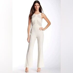 TAYLOR White Sleeveless Crepe Lace Sleeveless Flare Pant Jumpsuit